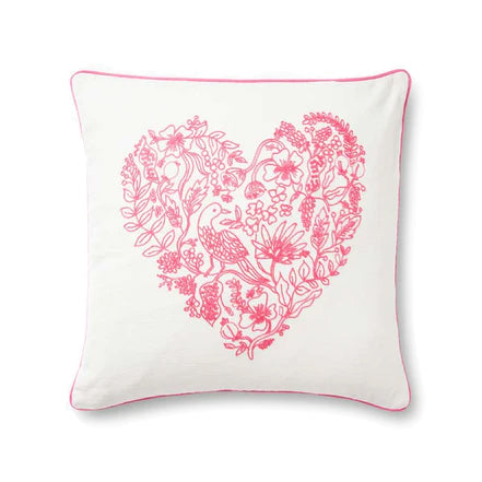 Ivory + Pink Heart Bird/Floral Pillow