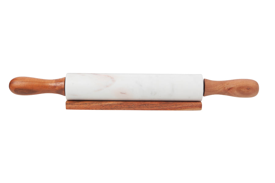 White Marble & Acacia Rolling Pin w/ Holder