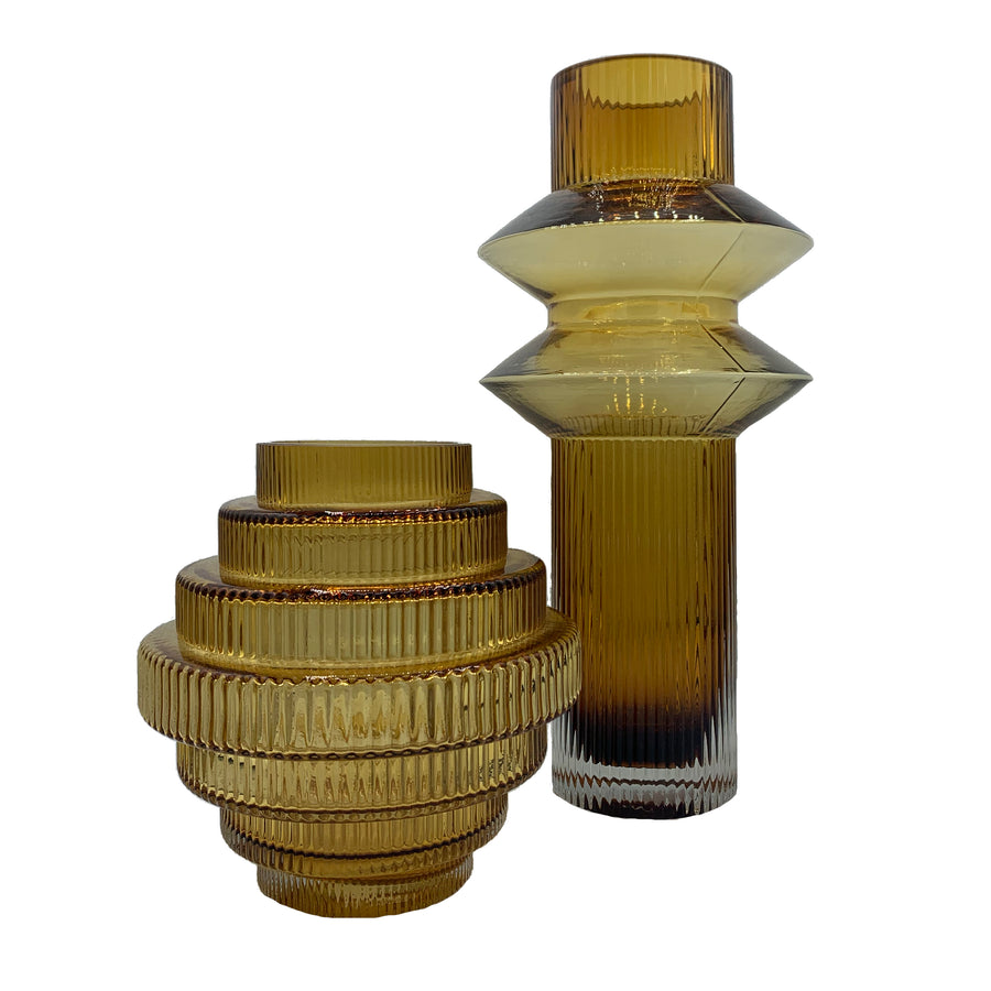 Amber Glass Fluted Tiered Vase