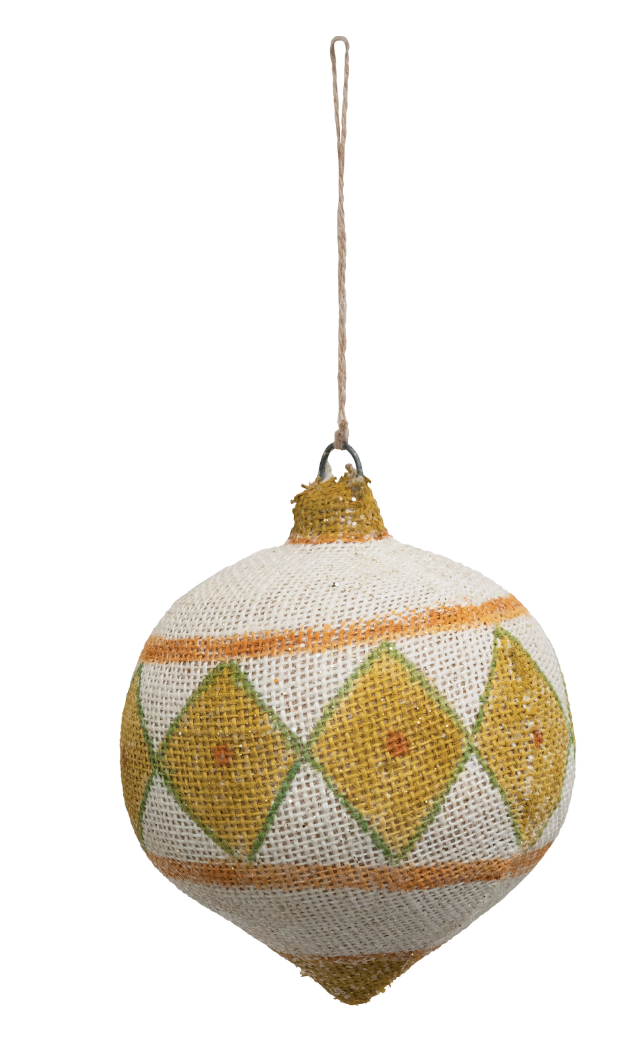 Hand Painted Paper Mache Burlap Wrapped Ornament 2 Styles