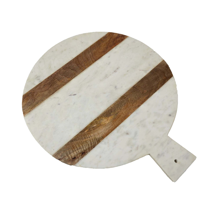 XL White Marble & Wood Stripe Round Board